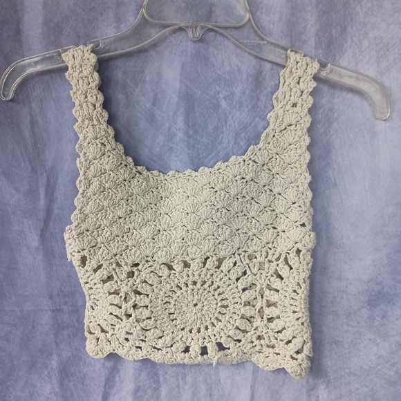 Handmade Tops - Handmade Crochet Tank Top Cream Open Knit Boho Festival Cottagecore